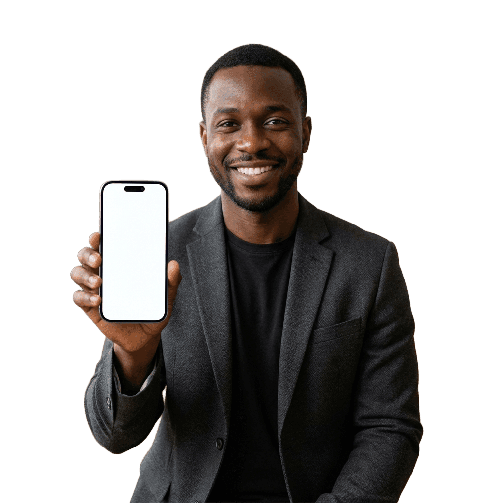 Pessoa sorridente usando o app no celular