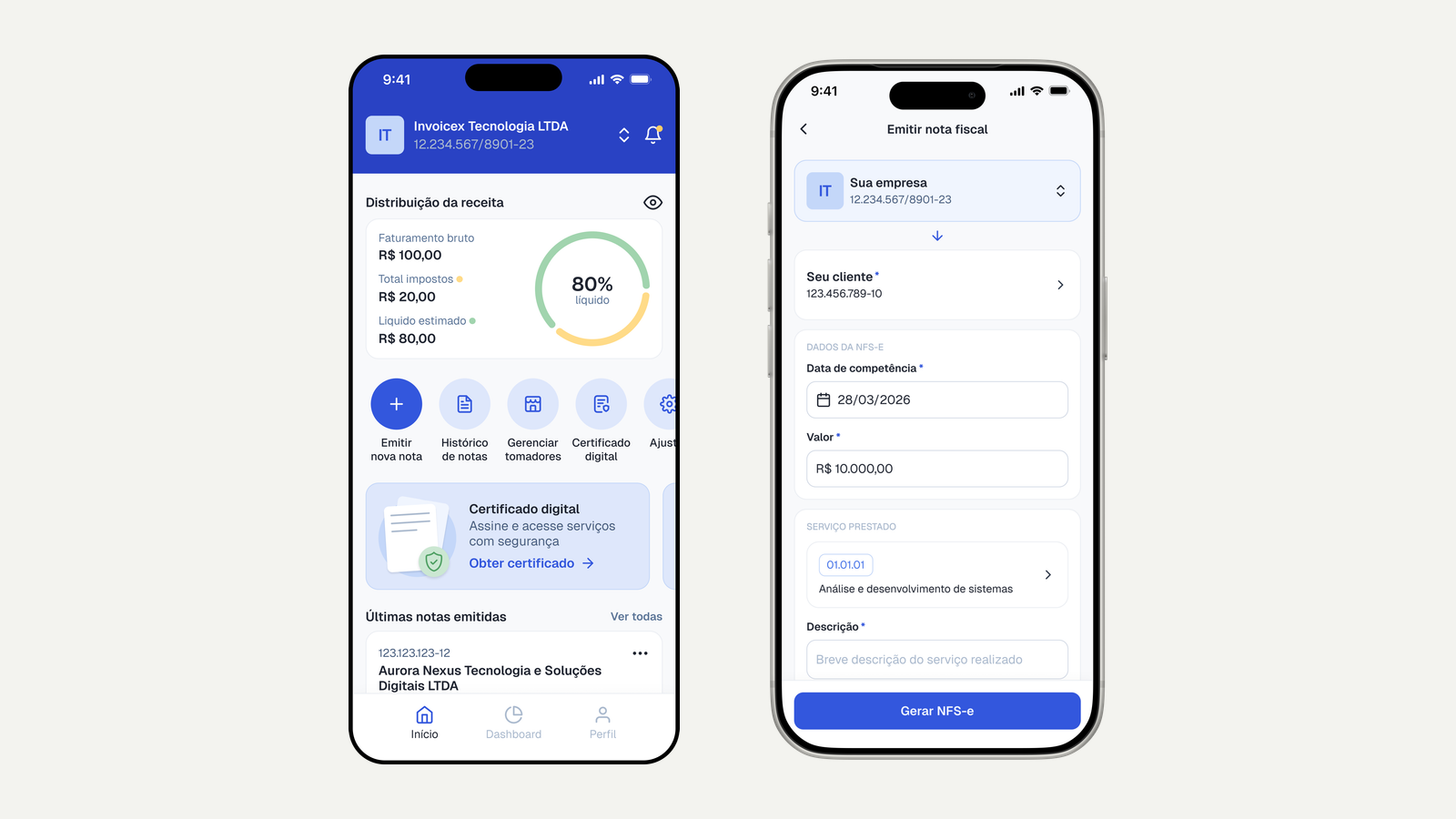 Telas do app Controle Notas: painel com faturamento do mês e tela de emissão de NFS-e
