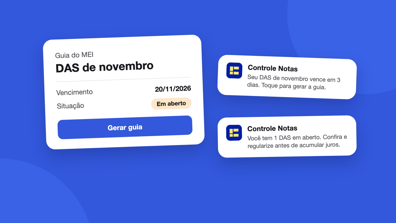 Telas ilustrativas do Controle Notas: cartão do DAS de novembro com vencimento em 20/11/2026, situação em aberto e botão para gerar a guia, ao lado de notificações avisando que o DAS vence em 3 dias e que há um DAS em aberto